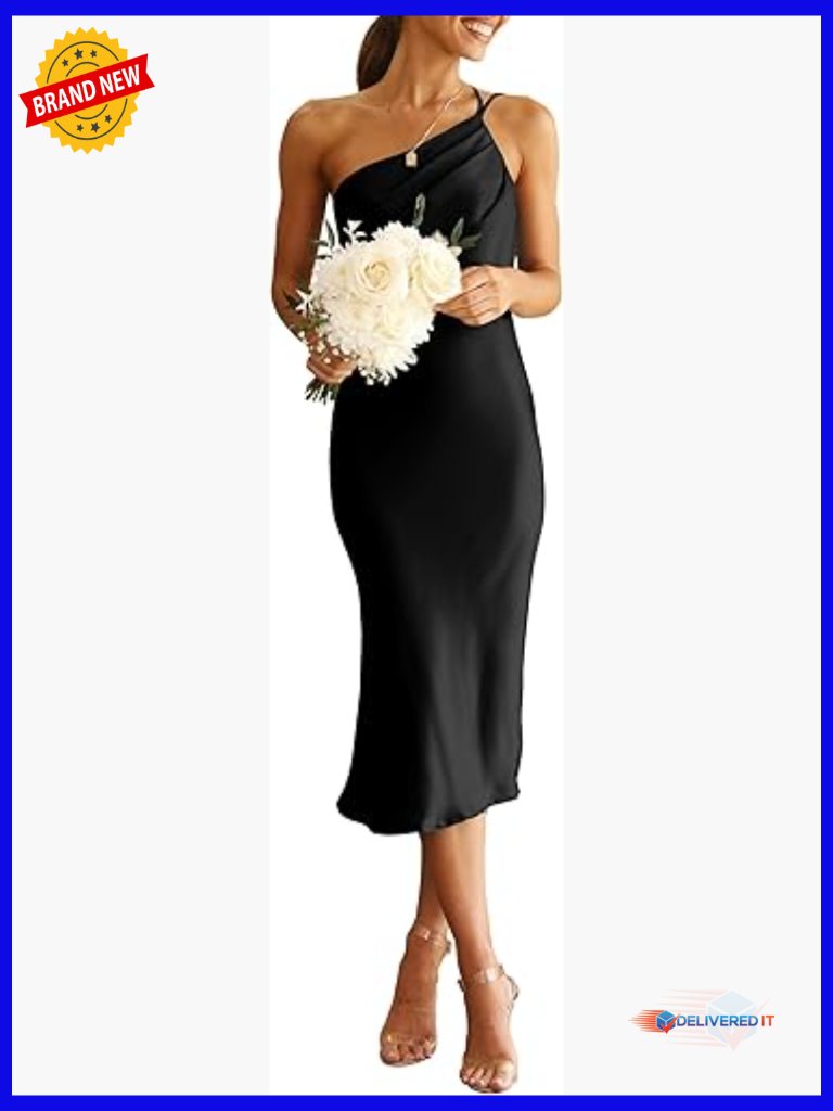 One Shoulder Backless Midi Satin Dress Bodycon Ruched Spaghetti Strap